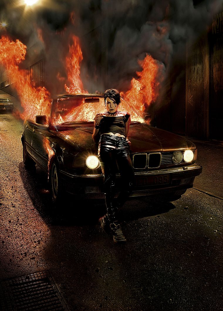 cars, fire, Noomi Rapace, Lisbeth Salander - desktop wallpaper