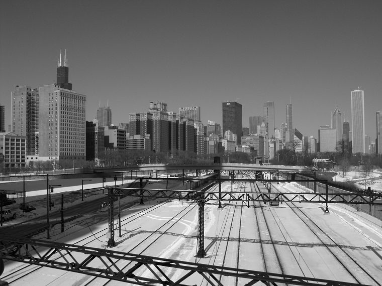 grayscale, railroad tracks - desktop wallpaper