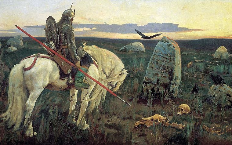 skulls, paintings, weapons, shield, horses, artwork, warriors, spears, graves, Viktor Vasnetsov - desktop wallpaper