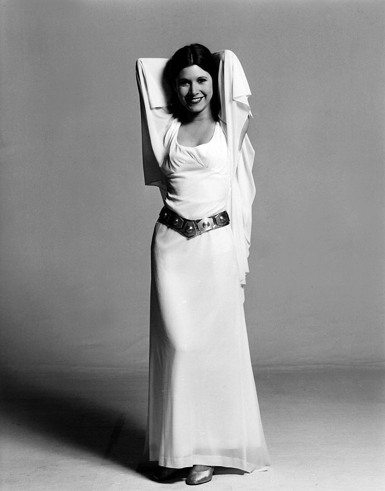 Star Wars, Carrie Fisher, grayscale, Leia Organa, monochrome, white dress - desktop wallpaper