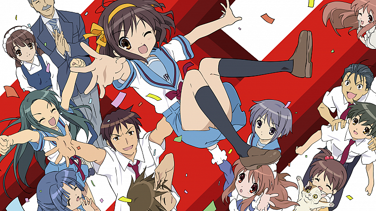 school uniforms, Asahina Mikuru, Nagato Yuki, The Melancholy of Haruhi Suzumiya, anime, Suzumiya Haruhi, knee socks - desktop wallpaper