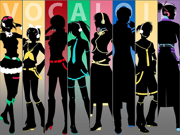 Vocaloid, Hatsune Miku, silhouettes, Megurine Luka, Kaito (Vocaloid), Kagamine Rin, Kagamine Len, anime boys, Megpoid Gumi, Meiko, anime girls, Kamui Gakupo - desktop wallpaper