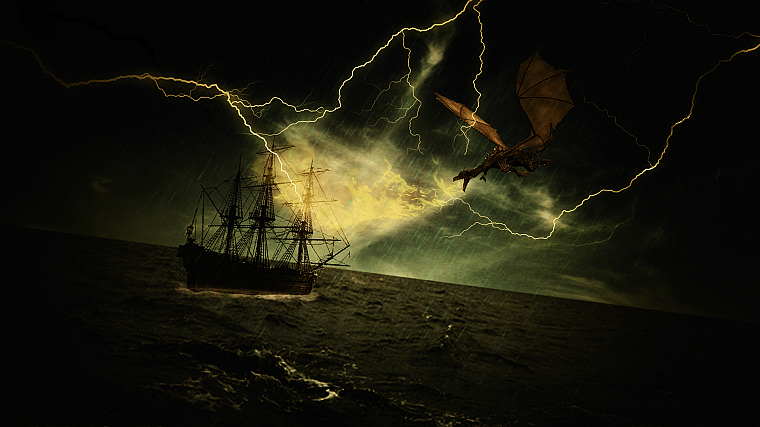 dragons, storm, ships, artwork - desktop wallpaper