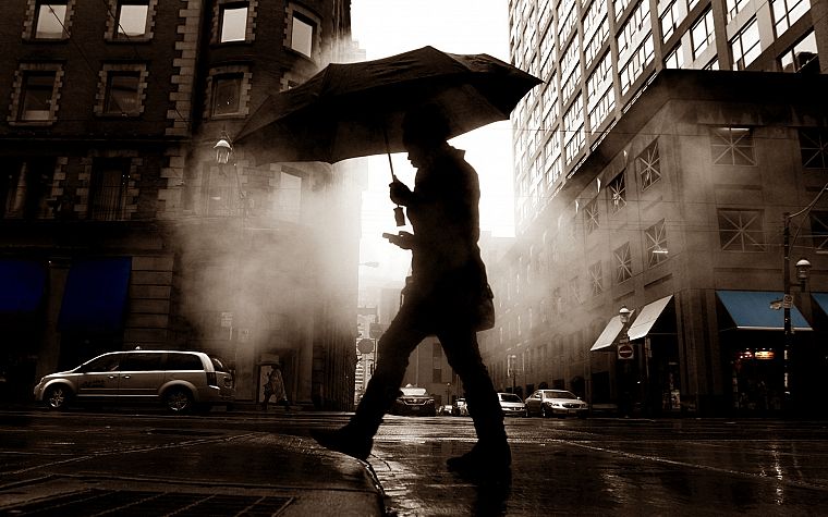 steam, streets, rain, low-angle shot, cities - desktop wallpaper
