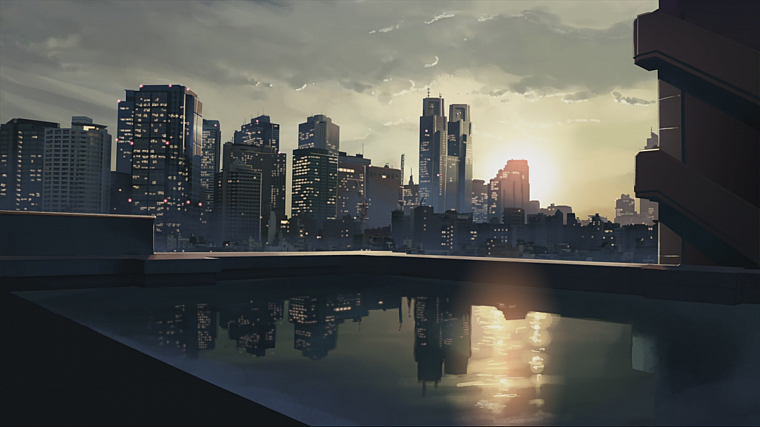 cityscapes, architecture, buildings, Makoto Shinkai, artwork, anime, reflections - desktop wallpaper