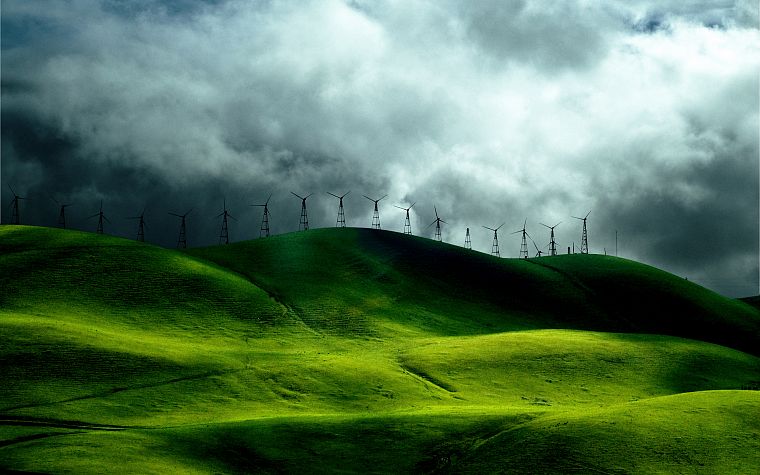 wind, hills, windmills, farms - desktop wallpaper