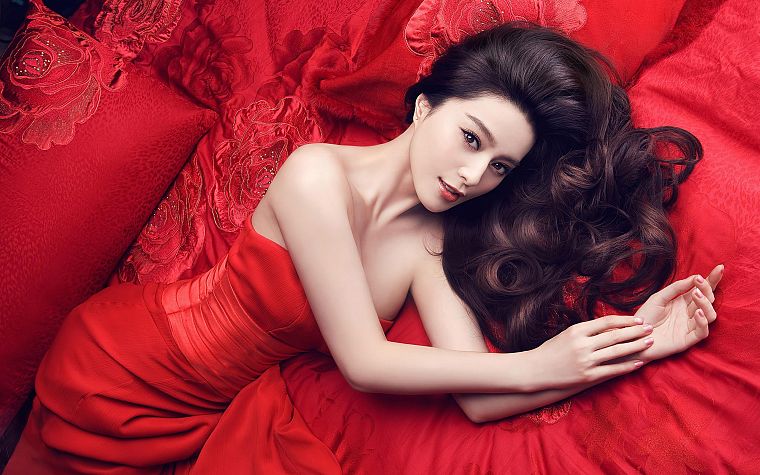 women, beds, Asians, pillows, red dress, curly hair, lying down - desktop wallpaper
