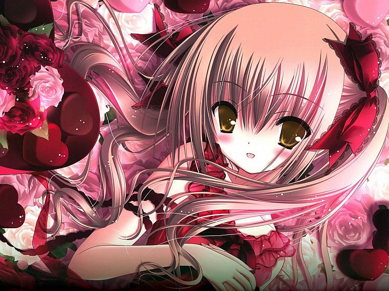 flowers, pink hair, bows, anime, golden eyes, Tinkle Illustrations, roses, anime girls - desktop wallpaper