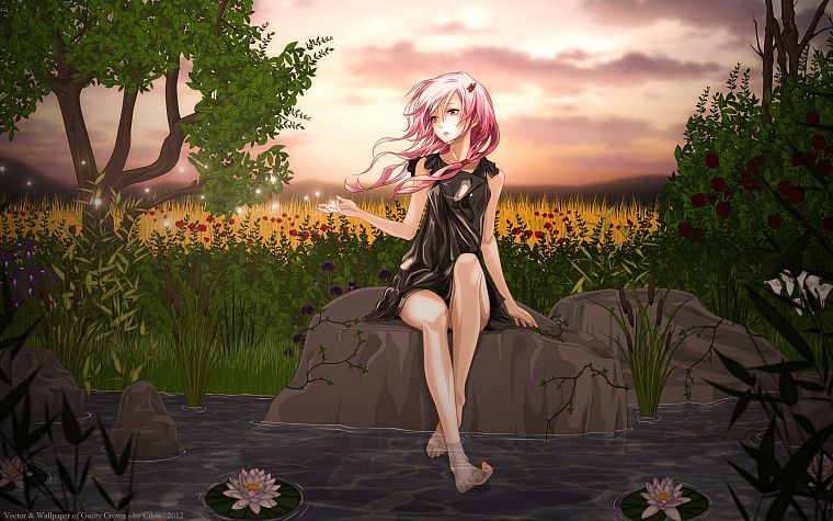 water, clouds, nature, trees, dress, flowers, rocks, long hair, sparkles, ponds, plants, barefoot, pink hair, red eyes, twintails, black dress, lily pads, skyscapes, bushes, Guilty Crown, hair ornaments, Yuzuriha Inori, water lilies - desktop wallpaper