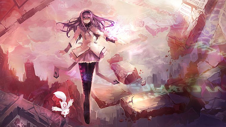 ruins, glasses, destruction, purple hair, Mahou Shoujo Madoka Magica, meganekko, anime, Akemi Homura, anime girls, Kyubey - desktop wallpaper