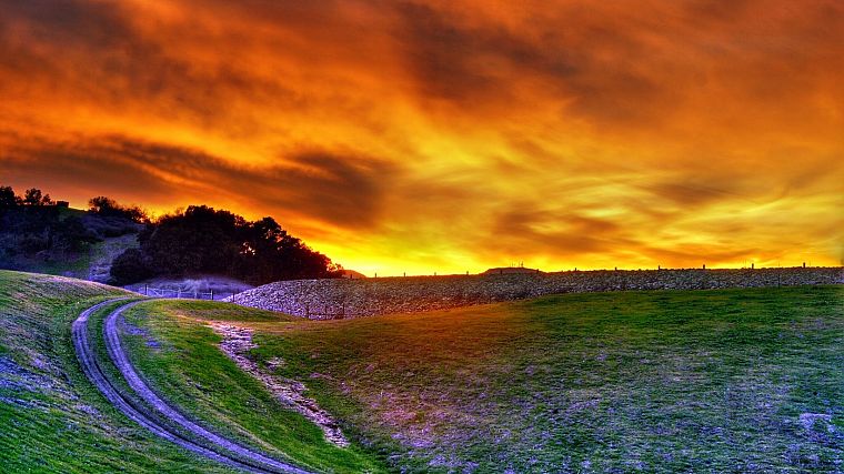 sunset, landscapes, hills, roads - desktop wallpaper