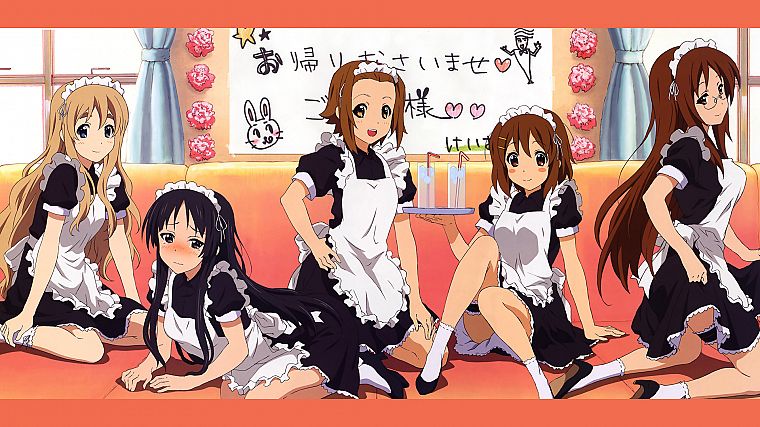 K-ON!, maids, Hirasawa Yui, Akiyama Mio, Tainaka Ritsu, Kotobuki Tsumugi, blush, Cafe - desktop wallpaper
