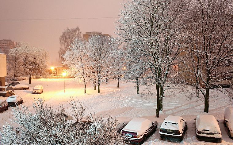 winter, snow, night, cars - desktop wallpaper