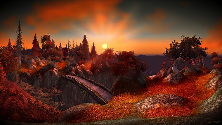 sunset, autumn, World of Warcraft, bridges, fantasy art, Aszhara - desktop wallpaper
