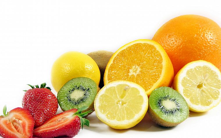 fruits, kiwi, oranges, strawberries, orange slices, lemons, white background, meal - desktop wallpaper