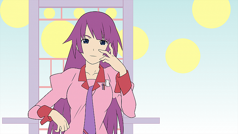 school uniforms, Bakemonogatari, purple hair, Senjougahara Hitagi, Monogatari series - desktop wallpaper