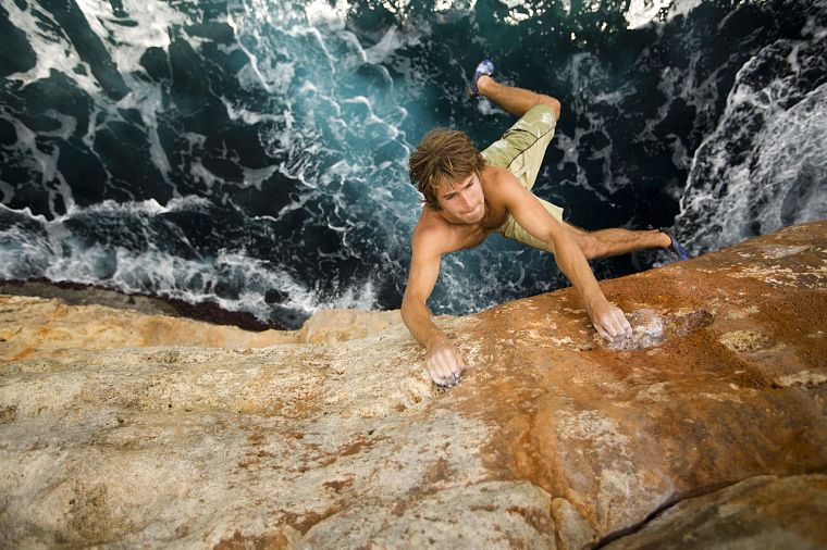 water, cliffs, Chris Sharma, rock climbing - desktop wallpaper