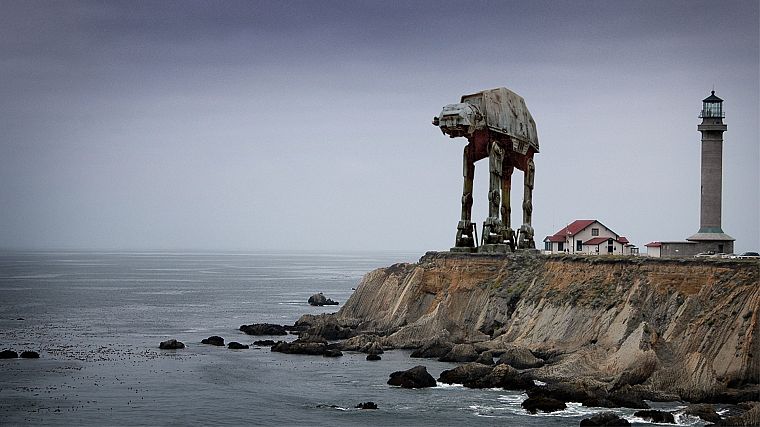 Star Wars, sad, lighthouses, AT-AT, Point Conception, photo manipulation, sea - desktop wallpaper