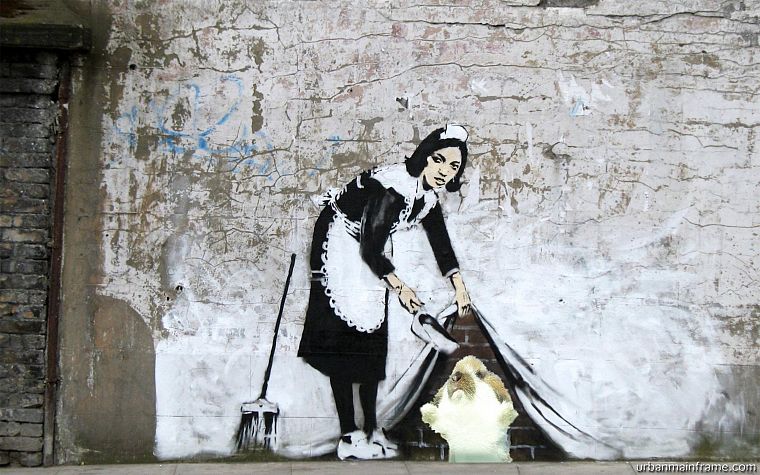 maids, Banksy, brooms, street art, brick wall - desktop wallpaper