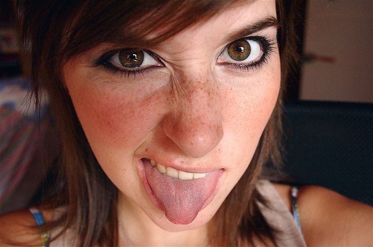 brunettes, women, brown eyes, freckles, tongue, portraits - desktop wallpaper