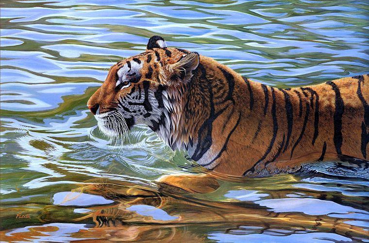 water, animals, tigers, artwork - desktop wallpaper