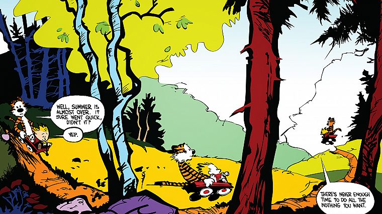 trees, comics, summer, Calvin and Hobbes, wagons - desktop wallpaper
