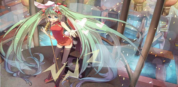 Vocaloid, flowers, Hatsune Miku, long hair, speakers, animal ears, green hair, twintails, hearts, house, chinese dress, aqua eyes, anime girls, microphones, singing, Chinese clothes - desktop wallpaper