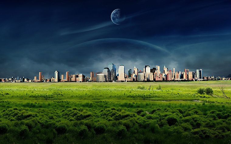 fantasy, planets, grass, fields, cities - desktop wallpaper