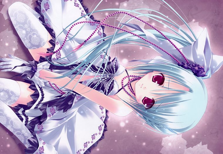 blue hair, red eyes, tights, pink eyes, white gloves, Tinkle Illustrations, anime girls - desktop wallpaper