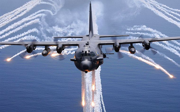 aircraft, AC-130 Spooky/Spectre, flares, contrails - desktop wallpaper