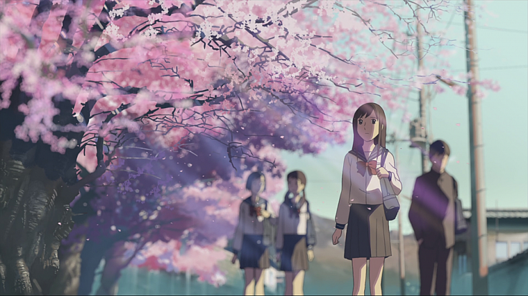 cherry blossoms, school, Makoto Shinkai, scenic, 5 Centimeters Per Second, artwork, anime - desktop wallpaper