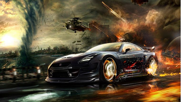 helicopters, explosions, Nissan, vehicles, sports cars, watercourse, Nissan Skyline GT-R, Nissan GT-R R35 - desktop wallpaper