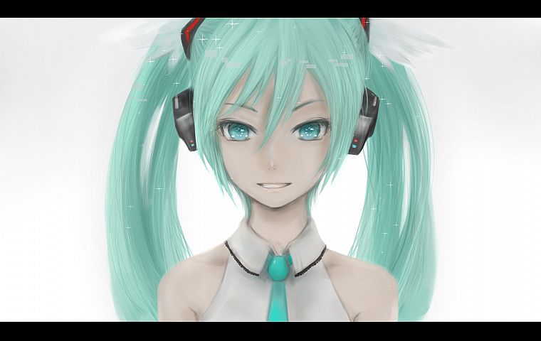 headphones, Vocaloid, Hatsune Miku, tie, green eyes, green hair, twintails, simple background, bare shoulders - desktop wallpaper