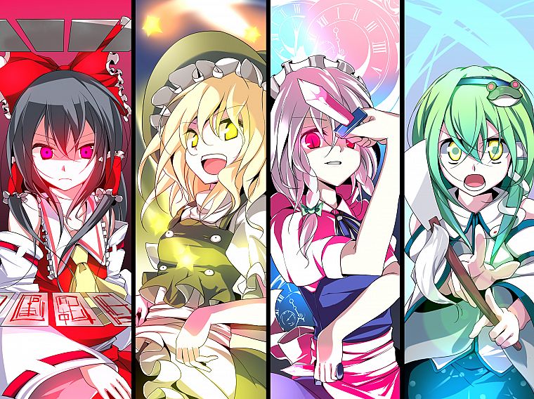 witch, Touhou, maids, Izayoi Sakuya, Miko, Kirisame Marisa, Hakurei Reimu, Kochiya Sanae, detached sleeves, Usotsukiya (Artist) - desktop wallpaper