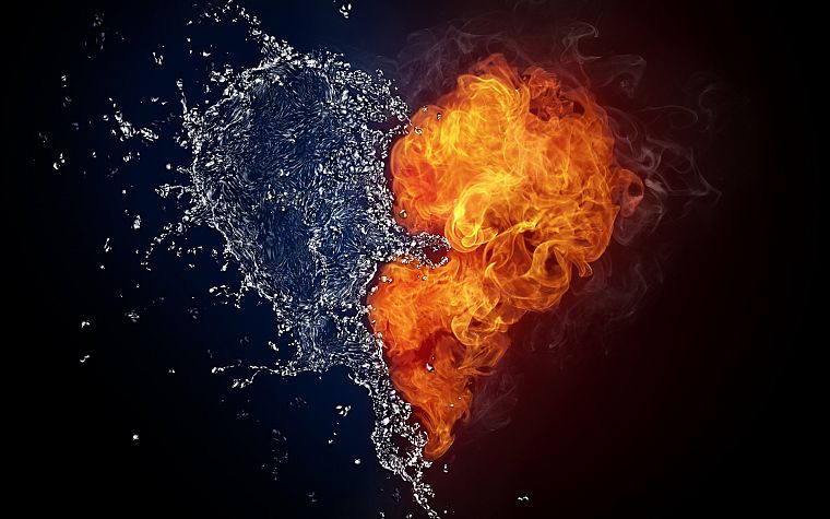 water, flames, fire, hearts, black background - desktop wallpaper