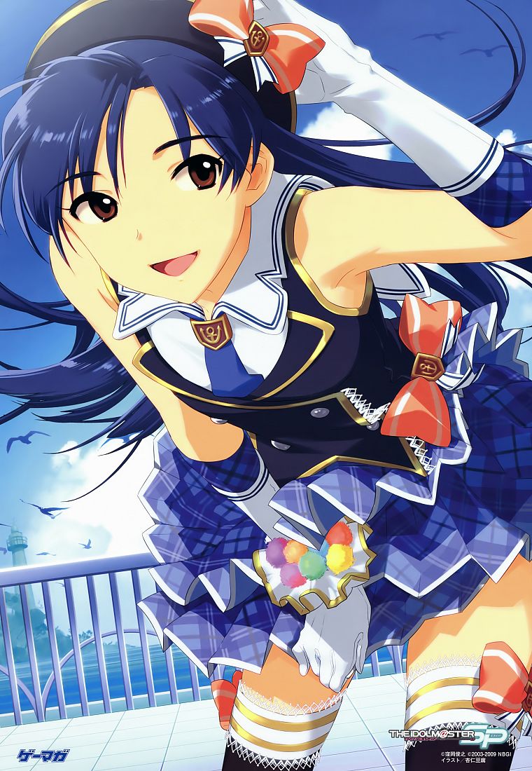 school uniforms, tie, skirts, Kisaragi Chihaya, blue hair, red eyes, tights, anime, anime girls, Idolmaster - desktop wallpaper