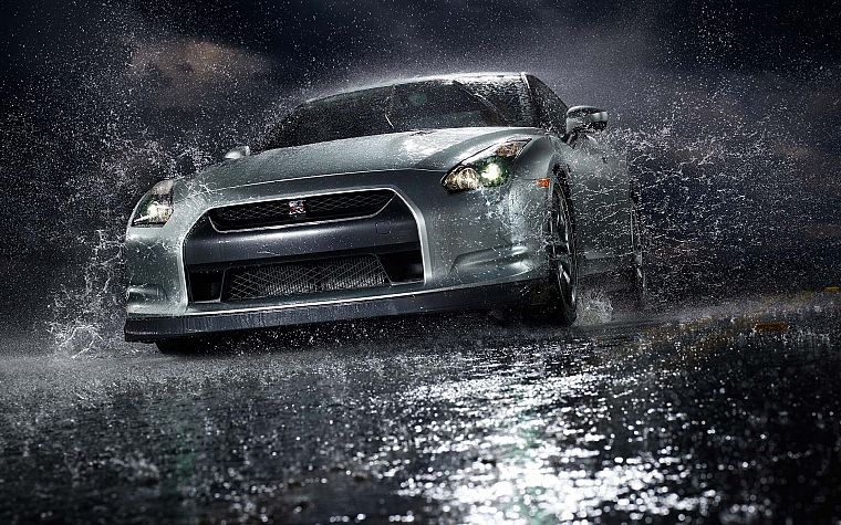 skylines, rain, cars, Nissan, splashes - desktop wallpaper