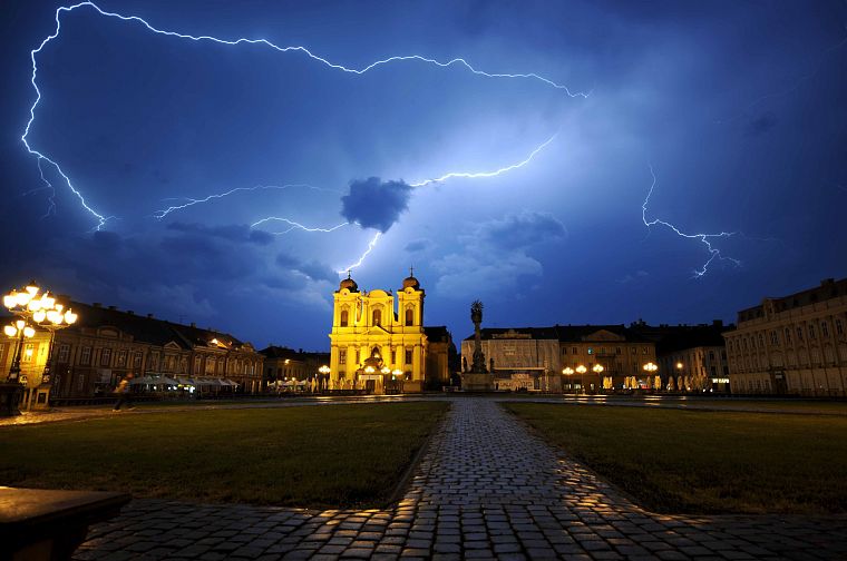 castles, night, storm, lightning - desktop wallpaper