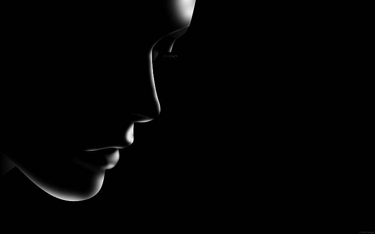 black and white, black, silhouettes, closed eyes, faces, black background - desktop wallpaper