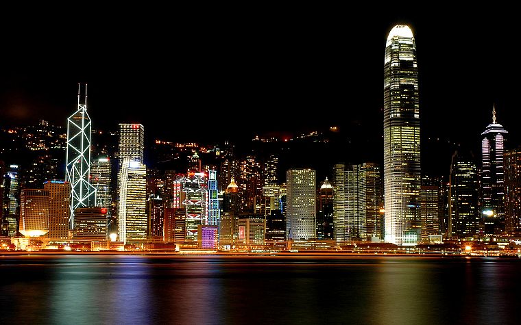 water, cityscapes, night, Hong Kong, skyscrapers, city lights, reflections, harbours, Victoria Harbour - desktop wallpaper