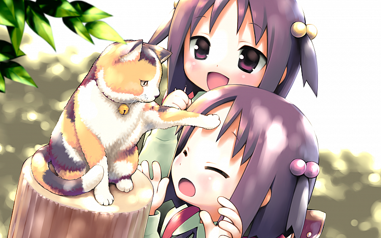 cats, twins, closed eyes, anime girls, Garden (Cuffs), Kasuga Nadeshiko, Kasuga Sakurako - desktop wallpaper