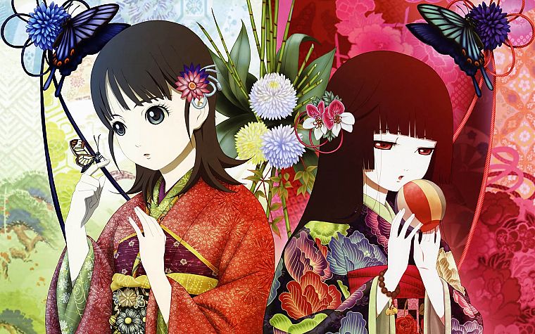 Jigoku Shoujo, Enma Ai, Japanese clothes, anime girls, hair ornaments, bangs, black hair - desktop wallpaper