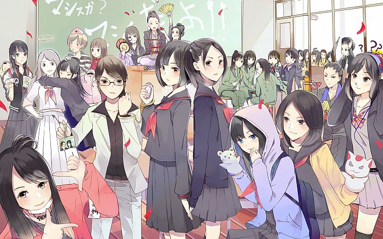 blue eyes, school uniforms, schoolgirls, glasses, school, meganekko, desks, anime girls, AKB48 - desktop wallpaper