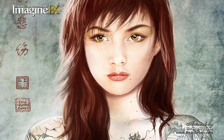 tattoos, women, green eyes, portraits, imagine fx - desktop wallpaper