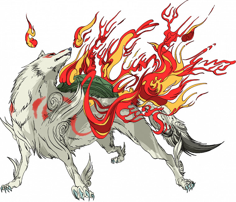 flames, fire, Okami, Amaterasu, wolves - desktop wallpaper