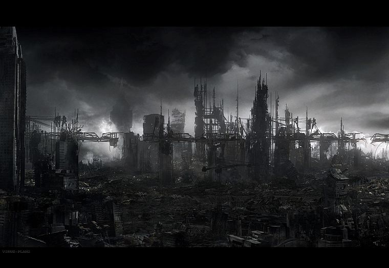 clouds, gray, destruction, buildings, apocalypse - desktop wallpaper