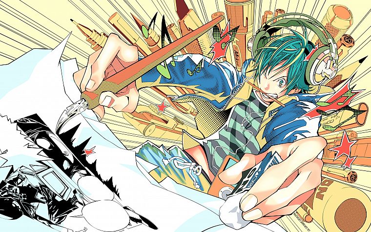 headphones, Bakuman, drawings, anime boys, manga, Mashiro Moritaka - desktop wallpaper