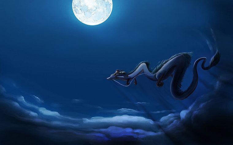 Hayao Miyazaki, movies, dragons, night, Spirited Away, Moon, anime, skyscapes - desktop wallpaper