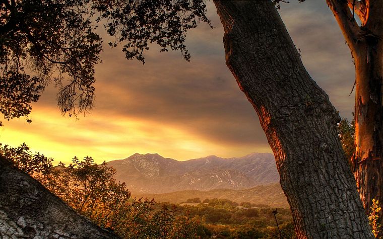 sunset, mountains, landscapes, trees, valleys, HDR photography - desktop wallpaper