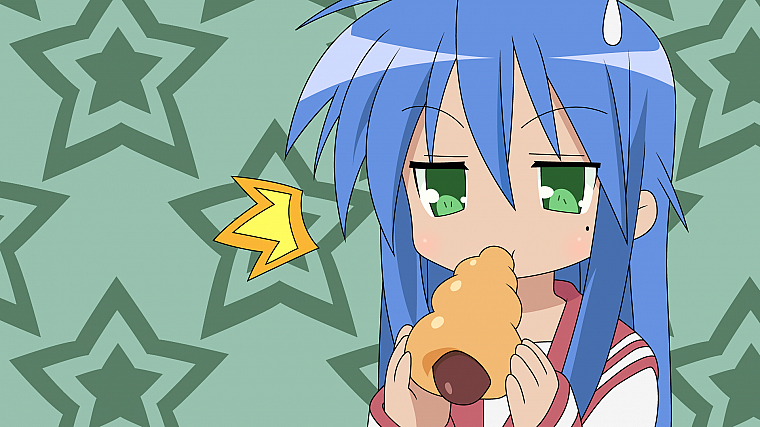 food, Lucky Star, school uniforms, blue hair, green eyes, Izumi Konata - desktop wallpaper